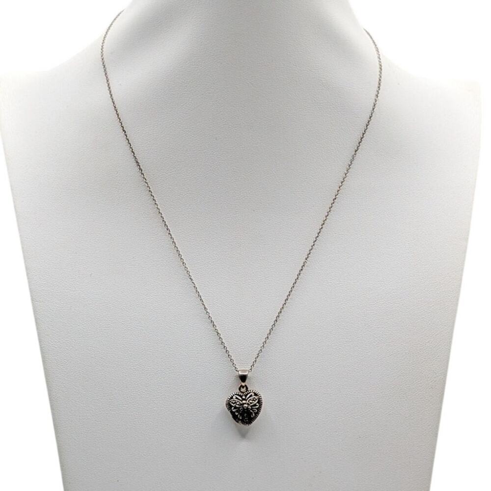 Vtg Silver Tone Cut Out Marcasite Butterfly Heart Locket Pendant Chain Necklace
